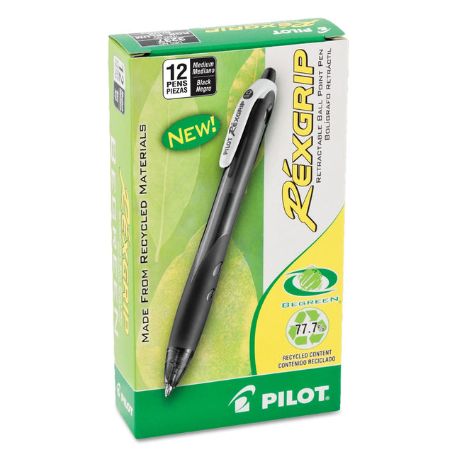 Bolígrafo retráctil Pilot RexGrip BeGreen, punta mediana, 1.0 mm, cuerpo negro, tinta negra, 12 unidades (32370)