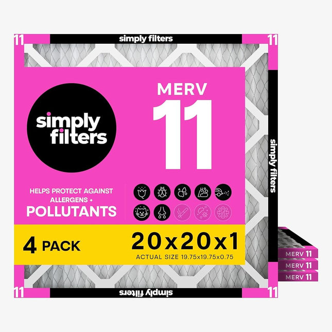 Simply 20x20x1 Air Filter, Merv 11, 4 Pack, For Home AC Furnace & HVAC (Actual Size: 19.75"x19.75"x0.75") DUST, Pet, & Allergy Control