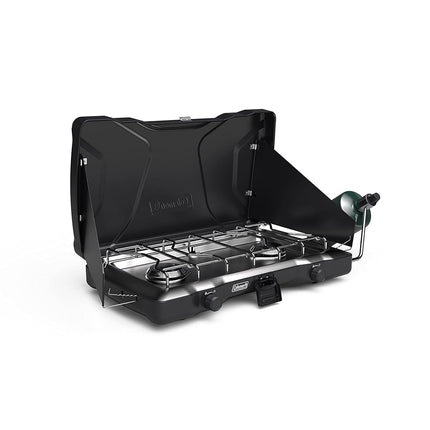 Estufa de propano Coleman Triton de 2 quemadores para camping, parrilla/estufa portátil para camping con quemadores ajustables, protectores contra el viento, cierre de alta resistencia y asa, 22,000 BTU de potencia total