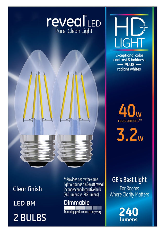 GE Lighting Reveal HD LED 3.2-watt (40-watt Replacement), 240-Lumen Blunt Tip Light Bulb with Medium Base, 2-Pack