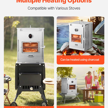 VEVOR Foldable Camping Oven, Stainless Steel Portable Camping Stove, with 3 Tier Grill, Handle and Thermometer, Use with Wood Burning Fire, Propane Stoves, for Baking Bread, Pizza, Outdoor Cooking