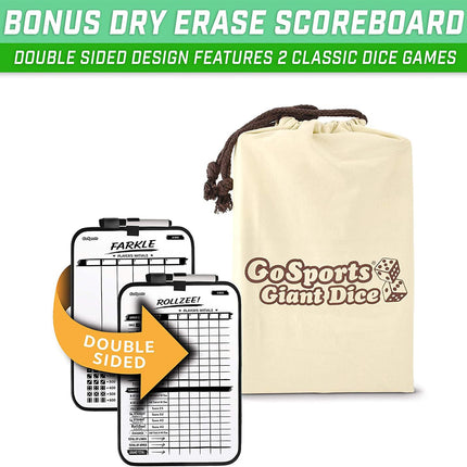 Jeu de dés géants en bois GoSports avec tableau de bord Rollzee et Farkle – Comprend 6 dés, un tableau de bord effaçable à sec et un sac de transport en toile – Choisissez des dés de 6,35 cm ou 8,89 cm