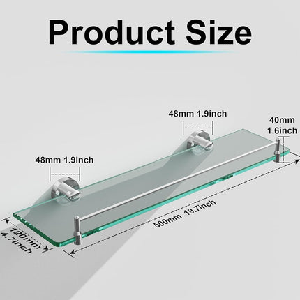 KOCOK 20 Inches Glass Shelves for Bathroom, Chrome Polished Floating Glass Shelf Stainless Steel Tempered Glass Bathroom Shelves for Wall Mount Modern