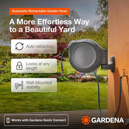 GARDENA 8055 - 100 Foot Wall Mounted Retractable Reel with Hose Guide, Automatic retraction for Easy Watering, Gray