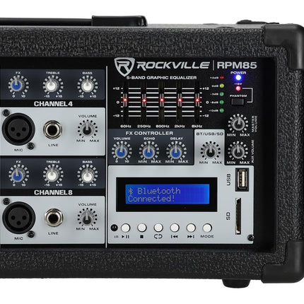 Rockville RPM85 2400w Powered 8 Channel Mixer, USB, 5 Band EQ, Effects/Bluetooth