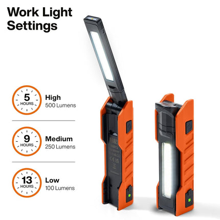 Klein Tools 56073 Foldable Craft Light, 500 Lumens LED with 180 Degree Rotation and 270 Degree Rotation, USB-C Rechargeable Flashlight with Built-in Spotlight, Magnetic Base, IP54 Rating