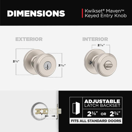 Kwikset Maven Pomo de puerta de entrada con cerradura y llave, manija exterior segura con llave, entrada principal y dormitorio, níquel satinado, seguridad de recodificación SmartKey resistente a robos y Microban