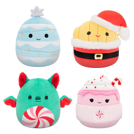 Squishmallows Original Lot de 4 peluches de Noël de 12,7 cm – Chocolat chaud Ethel, frites Floyd, sapin de Noël bleu Keiko, chauve-souris à la menthe poivrée Ricardo – Peluche officielle Jazwares
