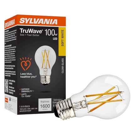 Sylvania LED TruWave Natural Series A19 Light Bulb, 100W Equivalent, Efficient 15W, 1600 Lumens, Medium Base, Dimmable, Clear, 2700K, Soft White - 1 Pack (42303)