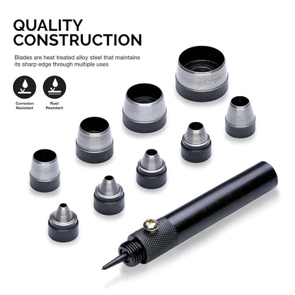 NEIKO 02614A Interchangeable Large Hollow Hole Punch Tool Set, 10 Piece, Gasket Maker, Heavy Duty Gasket Punch Set, Includes Hole Puncher Tool Carrying Case, Leather Punch Set, Black