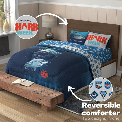 Franco Comforter and Sheet Set, Microfiber, Blue-Shark Week, 5 Piece Full Size