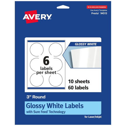 Avery Round Labels with Sure Feed, 3" Diameter, 60 Glossy White Labels (36500)