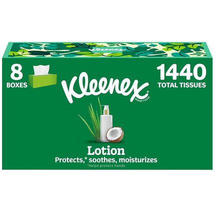 Kleenex Lotion Facial Tissues with Coconut Oil, 8 Flat Boxes, 180 Tissues Per Box, 3-Ply