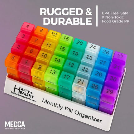Month Pill Box Organizer - 3-Times-A-Day | Morning-Noon-Night - 30 Day Pill Case with 32 Daily Compartments for Vitamins, Supplements, Medication - Travel Monthly Pill Organizer 3 Times A Day