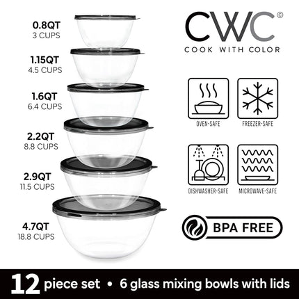 Juego de 12 cuencos de cristal para mezclar con tapas Cook with Color – Cuencos de borosilicato apilables para cocinar, hornear y preparar comidas, negro