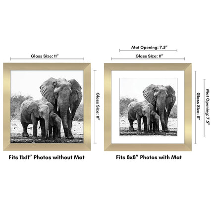 Americanflat 11x11 Picture Frame in Gold - Displays 8x8 With Mat and 11x11 Without Mat - Composite Wood with Shatter Resistant Glass - Horizontal and Vertical Formats for Wall