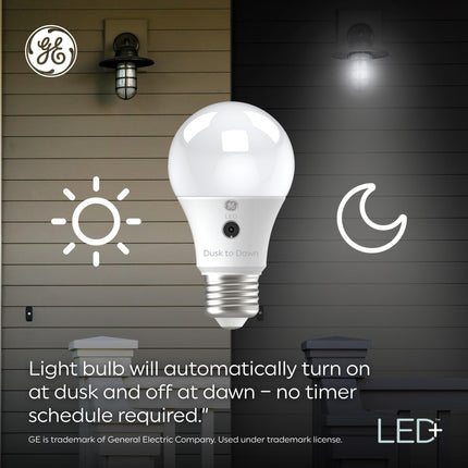 GE LED+Dusk to Dawn A19 LED Bulbs, Auto On/Off Outdoor Light, Daylight, 8.5W (Pack of 3)