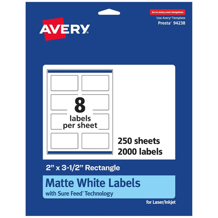 Avery Matte White Rectangle Labels with Sure Feed, 2" x 3.5", 2,000 Matte White Printable Labels