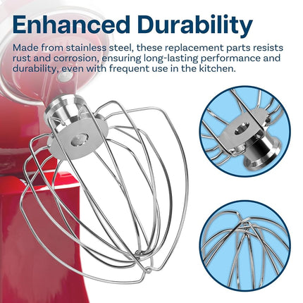 Stainless Steel 3 Piece Kit Attachments for KitchenAid 4.5-5 Quart Tilt-Head Stand Mixers Artisan Series & Classic Series by MMOBIEL – K45 6-Wire Whip, Flat Beater and Dough Hook – Dishwasher Safe
