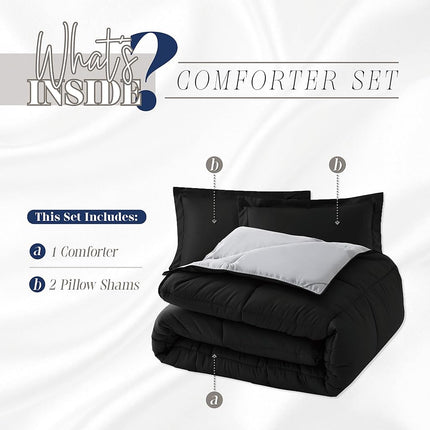 Elegant Comfort 3-Piece Reversible Comforter Set, All Season Cozy, Soft Down Alternative, Quilted - Box Stitched - Duvet Insert with 4 Corner Tabs, Comforter with Shams, Queen, Black/Silver