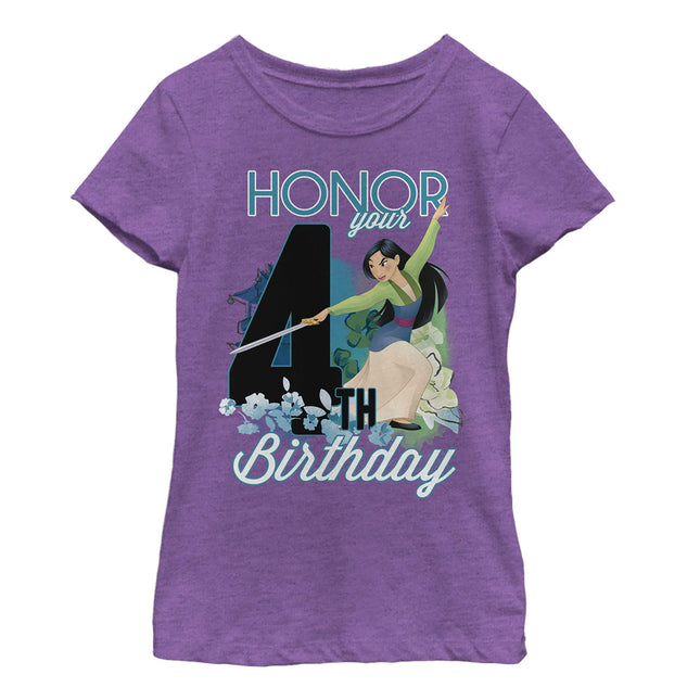 Disney Girl's Mulan Four Birthday T-Shirt, Pur Ber