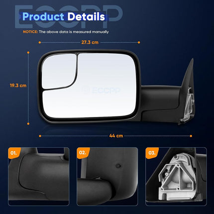 ECCPP® Black Manual adjusted Side View Mirror Tow Towing Mirrors Left & Right Pair Set Replacement fit for 94-01 Dodge Ram 1500, 94-02 Ram 2500 3500 Truck