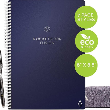 Rocketbook Fusion Reusable Undated Productivity Planner, Executive Size 6x8.8, Navy Blue - Goals, Monthly and Weekly Calendar, Daily To-do List, Lined and Dotted Notes Pages