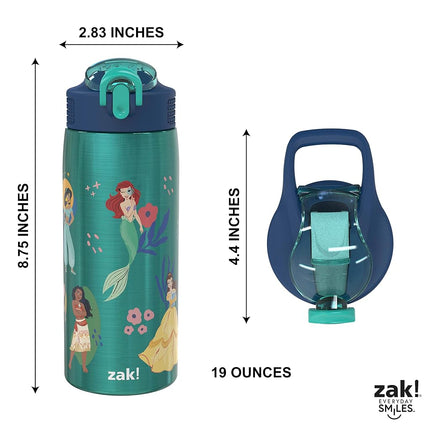 Zak Designs Disney Princess Water Bottle for Travel and At Home, 19 oz Vacuum Insulated Stainless Steel with Locking Spout Cover, Built-in Carrying Loop, Leak-Proof Design (Disney Princess)