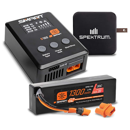 Spektrum Accessories Smart Powerstage Bundle: 1300mAh 3S 30C LiPo Battery (IC2) / S100 Charger / 65W Power Block/Adapter, SPMXPSS315