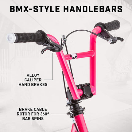 Mongoose Expo Kick Scooter, BMX-Style Handlebar & Brake Cable Rotor, For Riders Ages 6 and Up, Rear Axle Pegs, 12-Inch Air Tires, Max. Weight of 175 lbs., Pink/Black