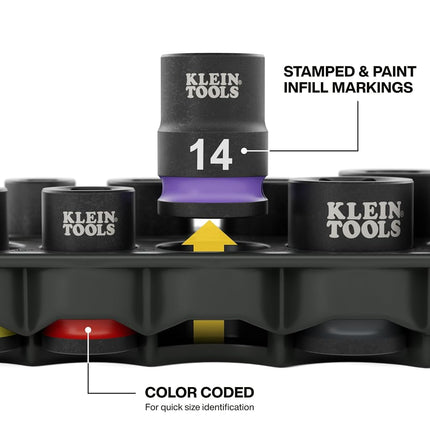 Klein Tools 33809M Grab-And-Go Impact Socket Set, Metric, 10-Piece Set with Sleeve, Carabiner, 3/8-Inch Drive, Color-Coded 8 mm, 10 mm, 12 mm, 13 mm, 14 mm, 15 mm, 17 mm, 18 mm, 19 mm Sockets