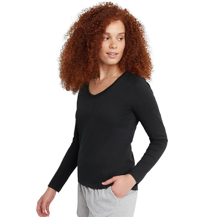 Hanes Women's Originals Long Sleeve Cotton T-Shirt, Lightweight V-Neck Tee, Modern Fit, Ebony, S