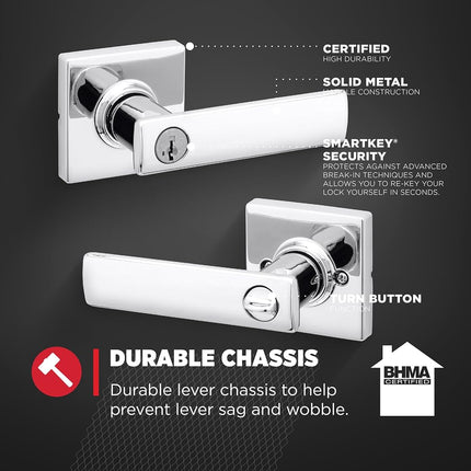 Kwikset Breton Entry Door Handle with Lock and Key, Secure Keyed Reversible Lever Exterior, Doorlock, for Front Entrance and Bedrooms, Polished Chrome, Pick Resistant Smartkey Rekey Security