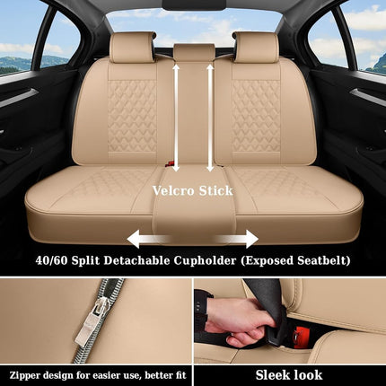 Coverado Rear Seat Covers, Soft Waterproof Faux Leather Rear Protectors for Sedan SUV Truck, Minimalist Comfortable Anti-Stain Interior – Beige