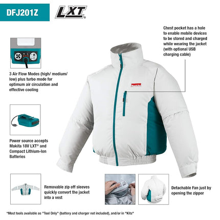 Makita DFJ201ZXL Chaqueta con ventilador inalámbrica LXT de 18 V, extragrande (solo chaqueta)