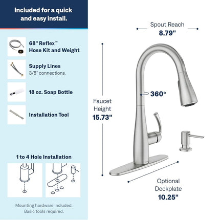 Moen 87014SRS Essie Pull-Down Sprayer Kitchen Faucet in Spot Resist Stainless with Soap Dispenser, Spot Resist Stainless
