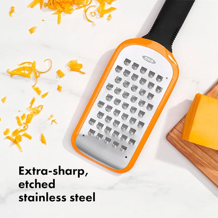 OXO Good Grips Etched Coarse Grater, Sharp Stainless Steel Blade for Cheese, Vegetables and More, Non-Slip Foot, Comfortable Soft Handle, Snap-On Cover, Handheld Kitchen Grater