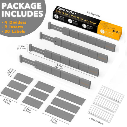 SpaceAid Bamboo Drawer Dividers with Inserts and Labels, Kitchen Adjustable Drawer Organizers, Expandable Organization for Home, Office, Dressers, 4 Dividers with 9 Inserts (17"-22" Gray)