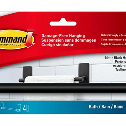 Command Hand Towel Bar Matte Black with Water Resistant Strips, Bathroom D�cor, 9 in Bar Length Holds up to 3 lbs