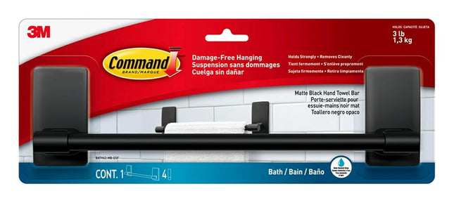 Command Hand Towel Bar Matte Black with Water Resistant Strips, Bathroom D�cor, 9 in Bar Length Holds up to 3 lbs
