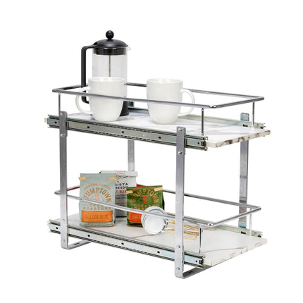 Household Essentials Glidez, organiseur de rangement coulissant à 2 niveaux en acier chromé et faux marbre, 28,5 cm de large, blanc et chrome