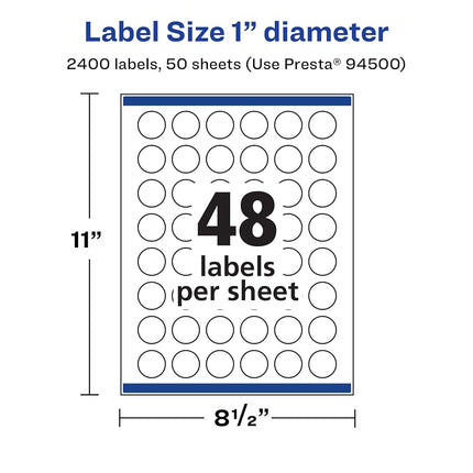 Avery Waterproof Round Labels with Sure Feed, Print to The Edge, 1" Diameter, 2,400 White Labels (36582)