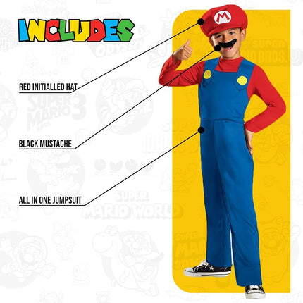 Disguise Official Classic Nintendo Super Mario Costume Kids includes Mario Hat, Mario Fancy Dress Up Outfit Children Halloween Birthday World Book Day Costumes for Boys Large