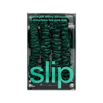 slip Skinny Forest Green Scrunchies - Back to School Range - Anti-Crease, Anti-Breakage Slipsilk Hair Ties - Design Protects Delicate Hair - Includes 4 x Pure Silk Scrunchy For Hair Pony Tails