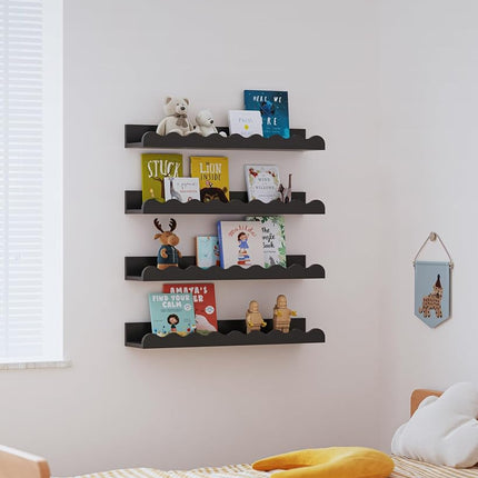 Seocry Kids' Bookshelf Set of 4 - Black Floating Nursery Book Shelves, Picture Ledge Shelf for Wall Decor and Storage - Perfect for Books, Toys, Photo Frames, and Nursery Décor