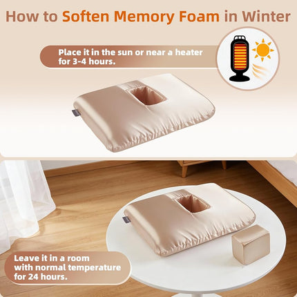 USlixury Piercing Pillow - Ear Piercing Pillow with Foam Plug, 4''H Ear Pillow with 4.7 * 3.2 and Off Center Ear Hole, CertiPUR-US Memory Foam Piercing Pillow for Side Sleeper, Satin Cover, Champagne