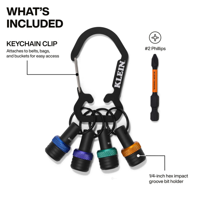 Klein Tools K33850 5-Piece Bit Holder Keychain Set, Organizes and Stores 1/4-Inch Hex Driver Bits, Carabiner Attachment, Colored Bands for Easy Identification