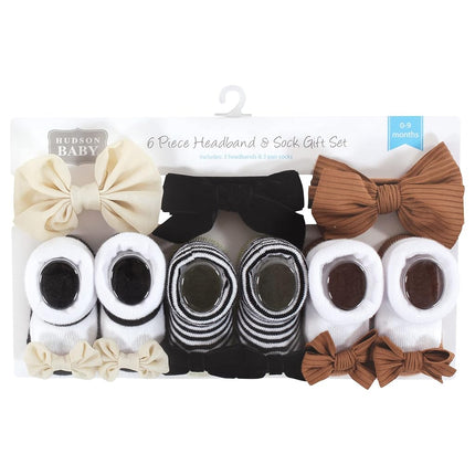 Hudson Baby Girl's Headband and Socks Giftset, Black Stripe Neutrals, One Size