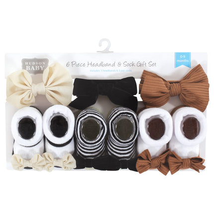 Hudson Baby Girl's Headband and Socks Giftset, Black Stripe Neutrals, One Size