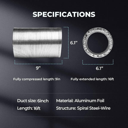 Simple Deluxe 6 Inch 16 Feet Ducting, Non-Insulated Flex Air Aluminum Foil Duct for Dryer Vent Hose, Heating, Cooling, Ventilation, Exhaust, 2 Clamps Included, Silver